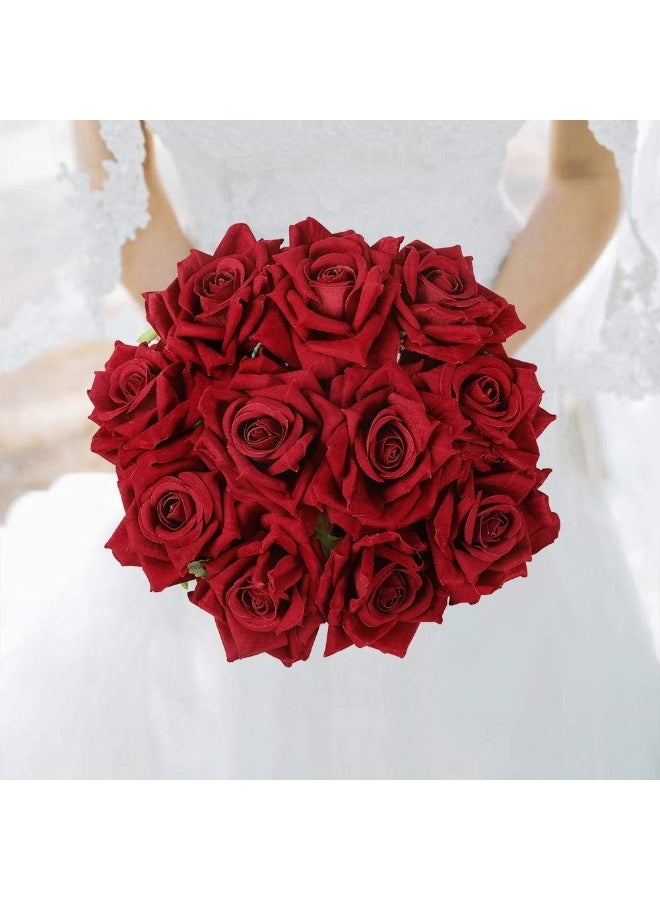 12pcs Artificial Roses Velvet Flowers with Long Stem Fake Roses Bouquet DIY for Home Garden Wedding Decor (Dark Red) - Image 2